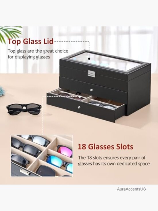 18-Slot Sunglasses Organizer Case, 3-Layer PU Leather Eyeglass Display Holder main image 4